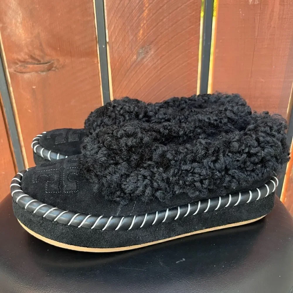 TORY BURCH SHEARLING SLIPPERS BLACK 6.5